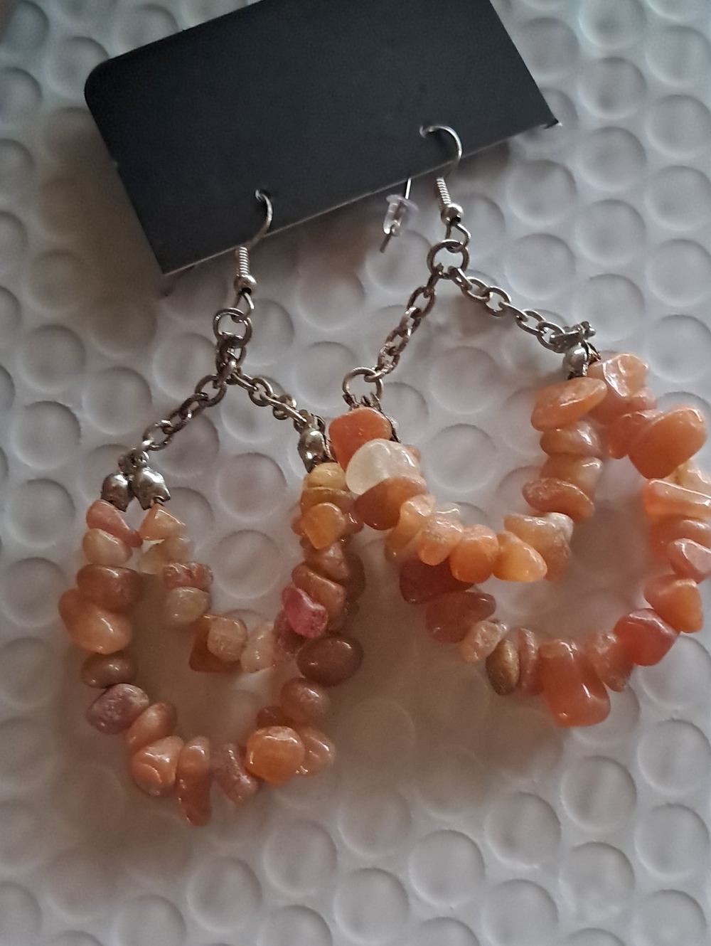 Orange Chip Hoop Dangle Earrings with Silver Chain